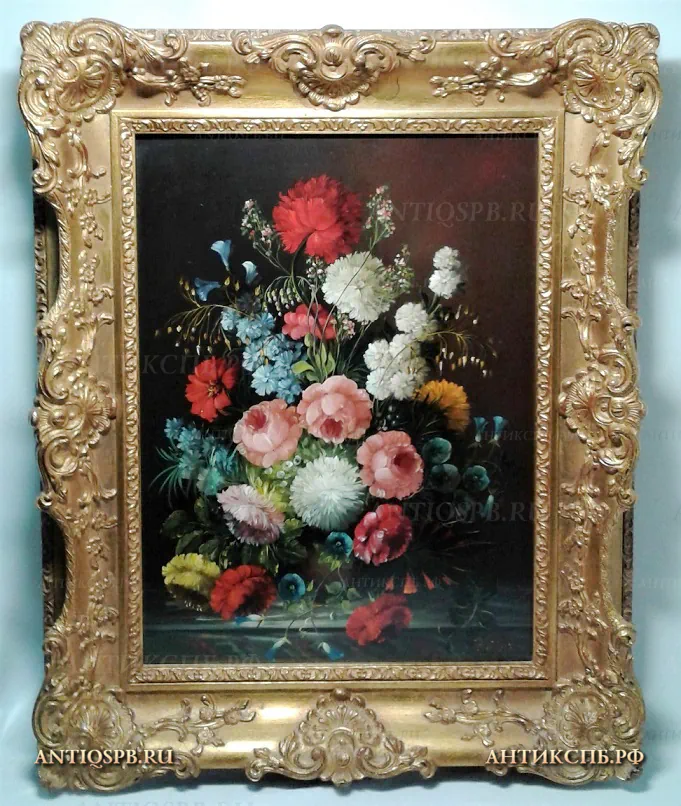 Картина старинная "Букет". Медь, масло. Художник: Josef Steiner. Европа. ХХ век. №21269 [НЕТ В НАЛИЧИИ]